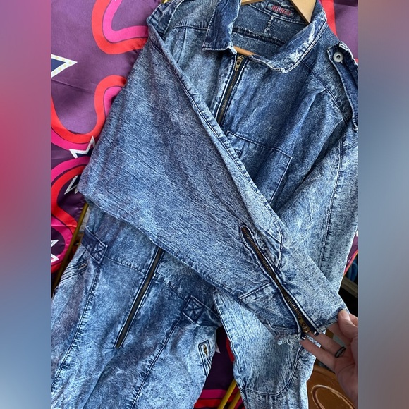 Vintage Beret Boiler Suit Jumpsuit Denim Acid Wash Zip Batwing Dolman 80s Jean - Picture 8 of 15